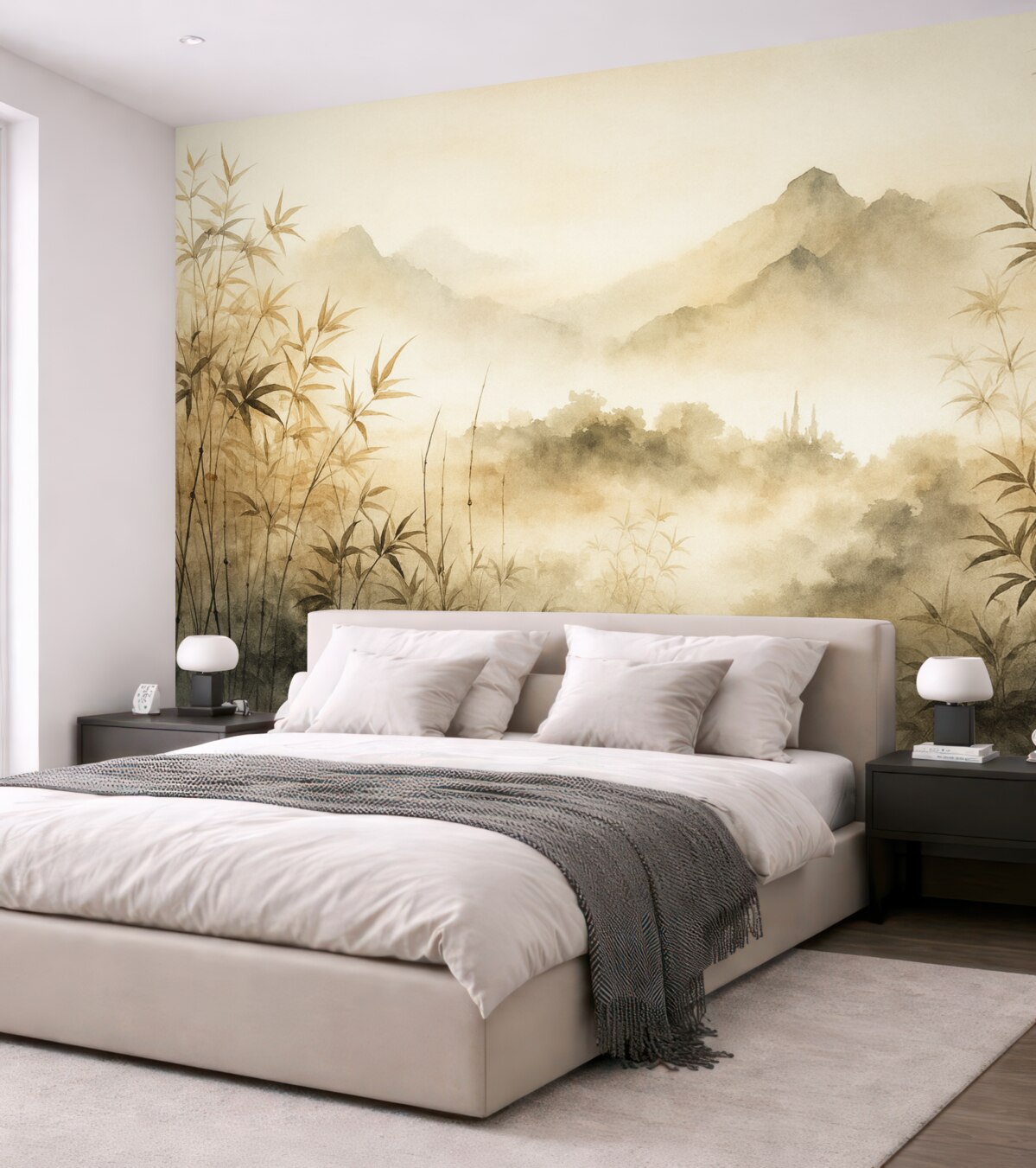 Fototapeta Bambus nad stawem z górami w mgle w tle wilgotna akwarela.