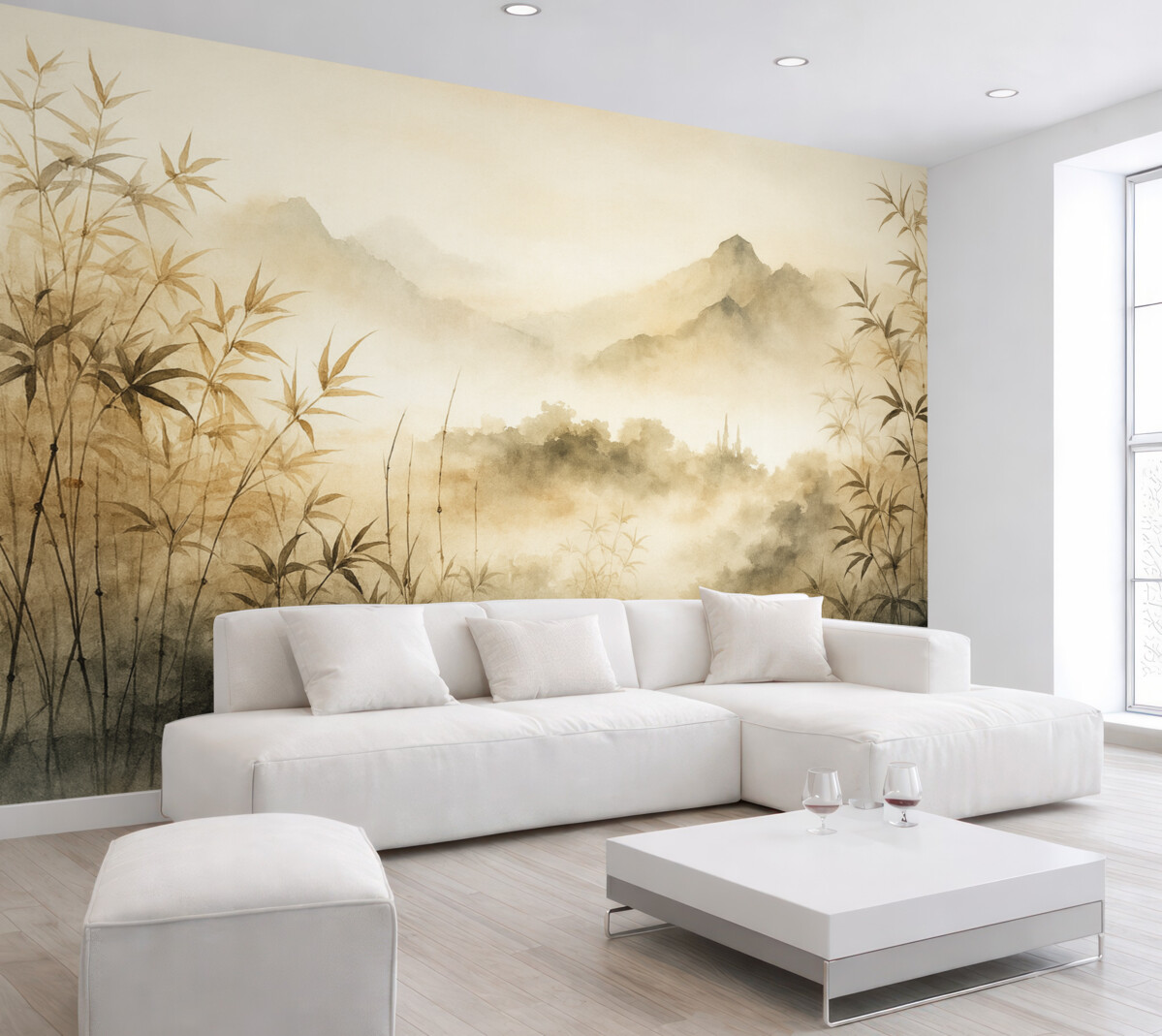 Fototapeta Bambus nad stawem z górami w mgle w tle wilgotna akwarela.