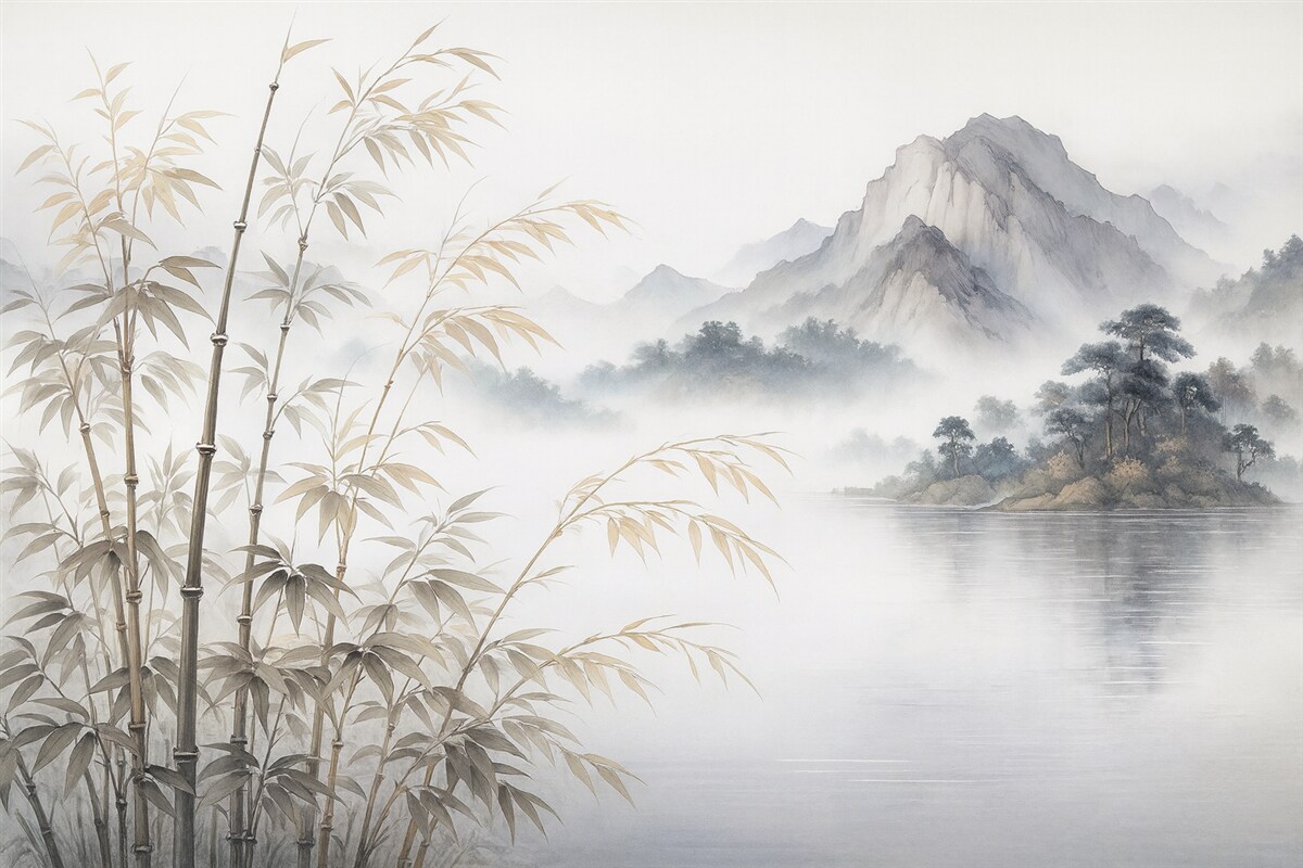 Fototapeta Wilgotne akwarelowe łodygi bambusa na tle górskim.