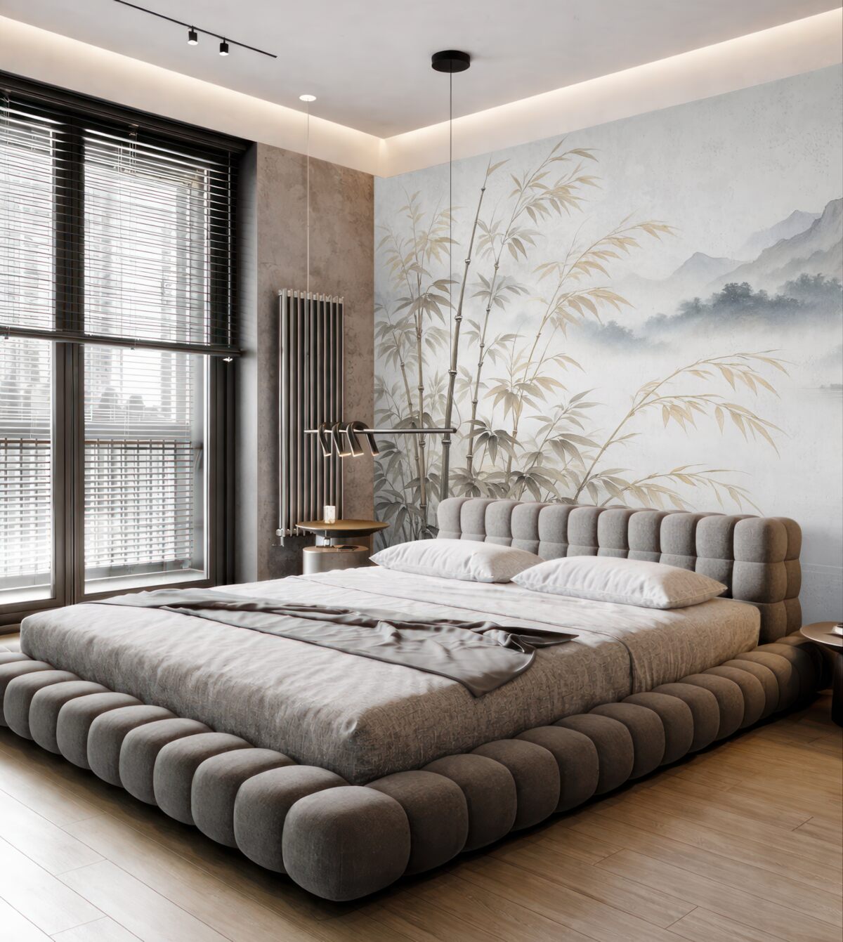 Fototapeta Wilgotne akwarelowe łodygi bambusa na tle górskim.