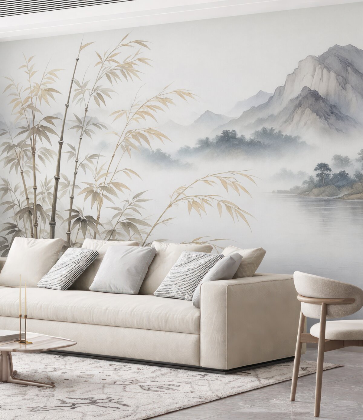 Fototapeta Wilgotne akwarelowe łodygi bambusa na tle górskim.