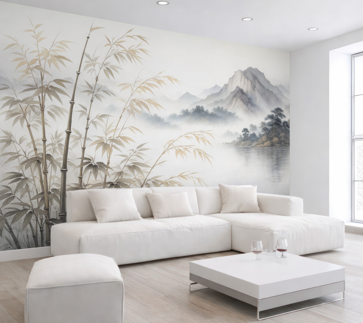 Fototapeta Wilgotne akwarelowe łodygi bambusa na tle górskim.