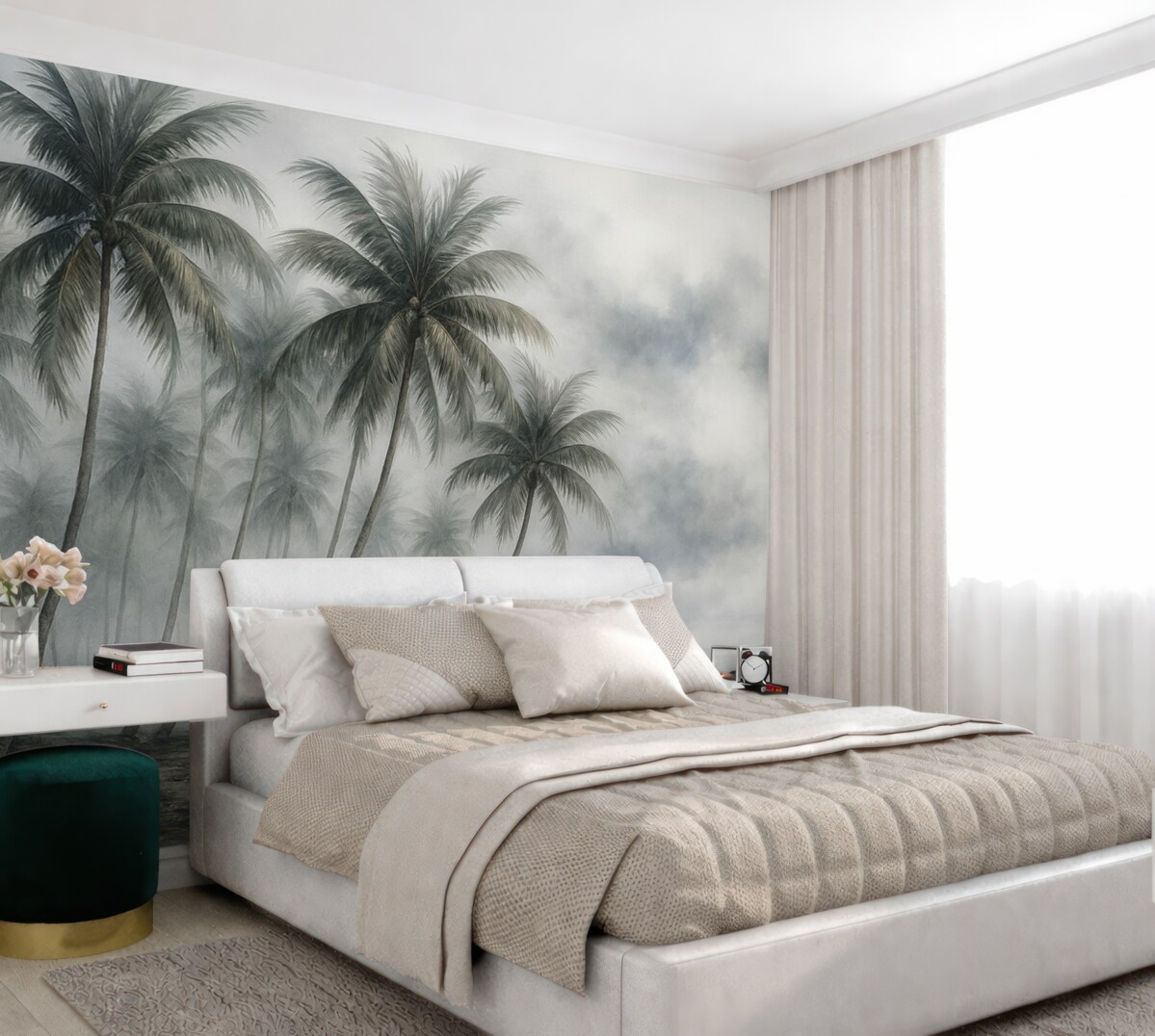 Fototapeta Wilgotna akwarela palmy przy morzu z mgłą w oddali.