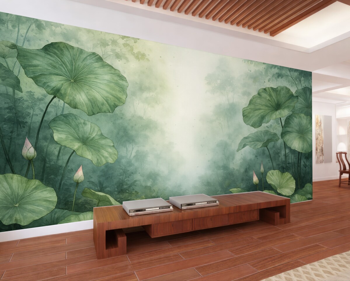 Fototapeta Liście lilii wodnej nad stawem to wilgotna akwarela.