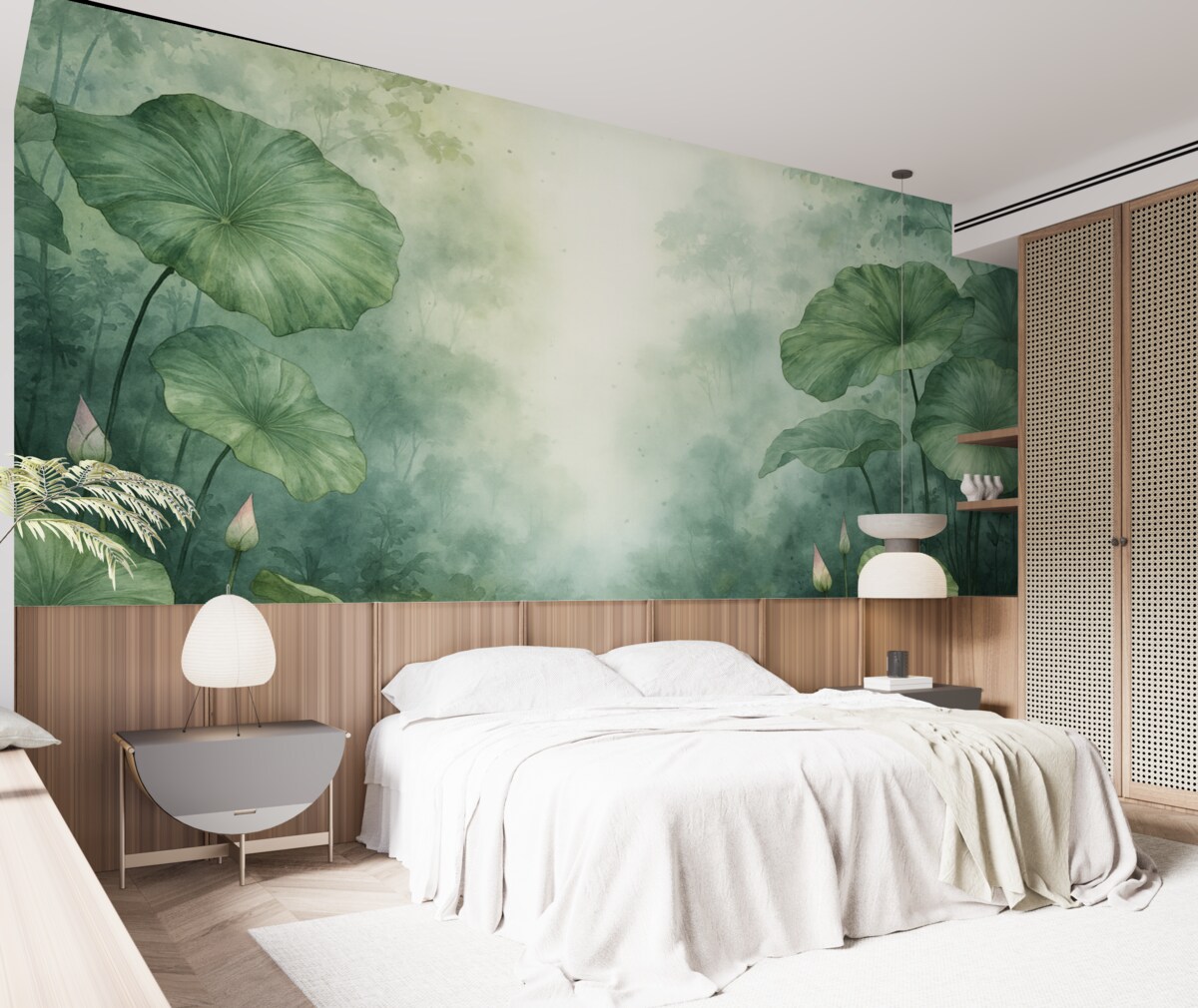 Fototapeta Liście lilii wodnej nad stawem to wilgotna akwarela.