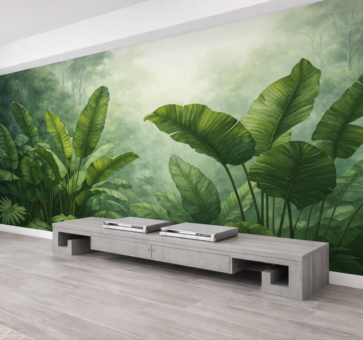 Fototapeta Tropikalne listowie w dżungli na tle oparów wilgotna akwarela.