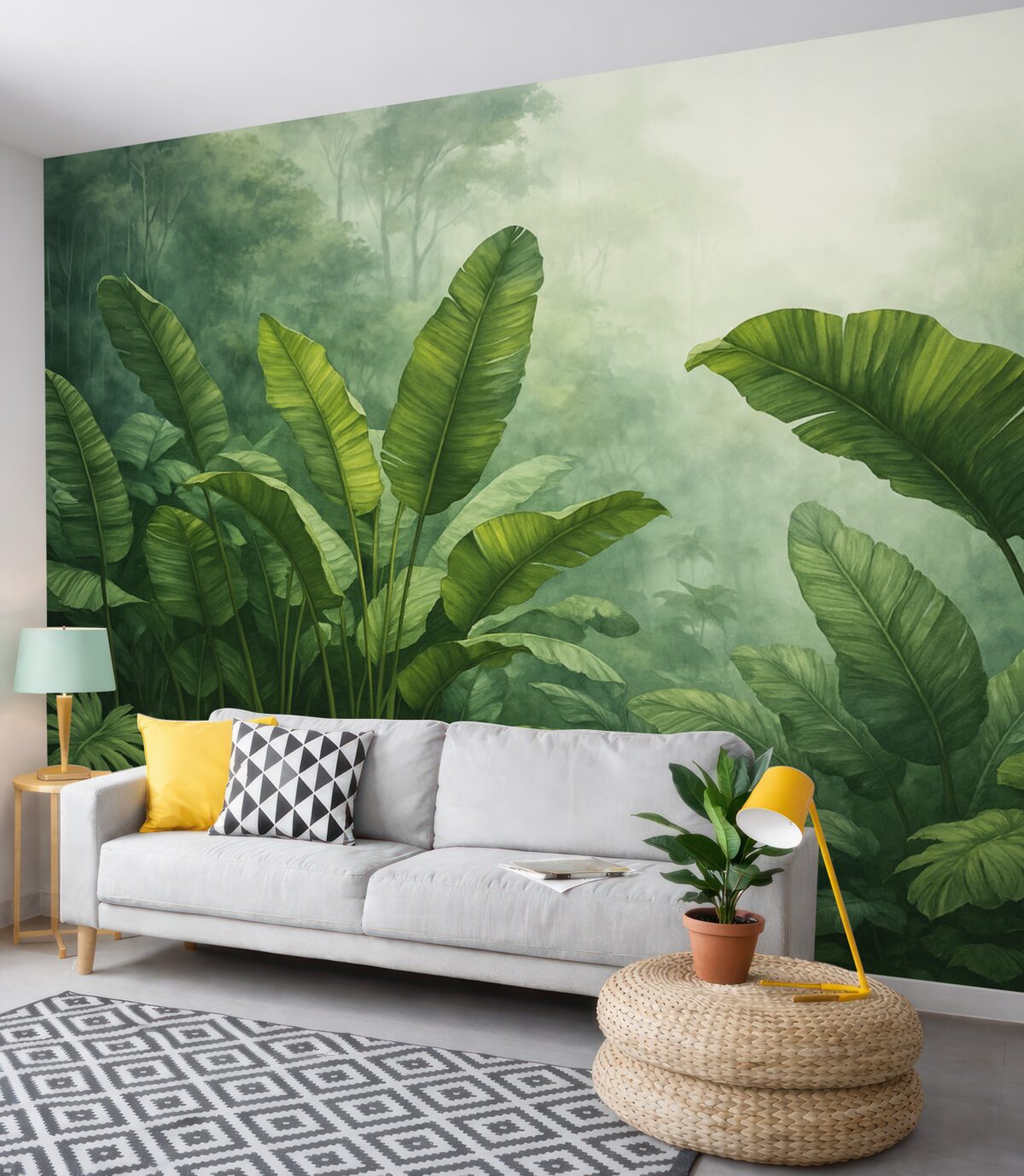 Fototapeta Tropikalne listowie w dżungli na tle oparów wilgotna akwarela.