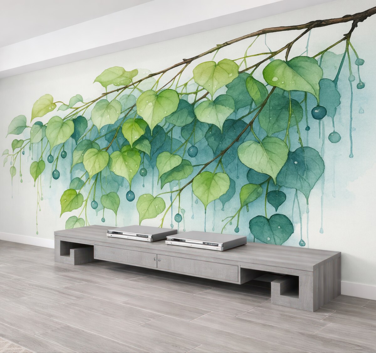 Fototapeta Gałązka z liśćmi wilgotna akwarela.