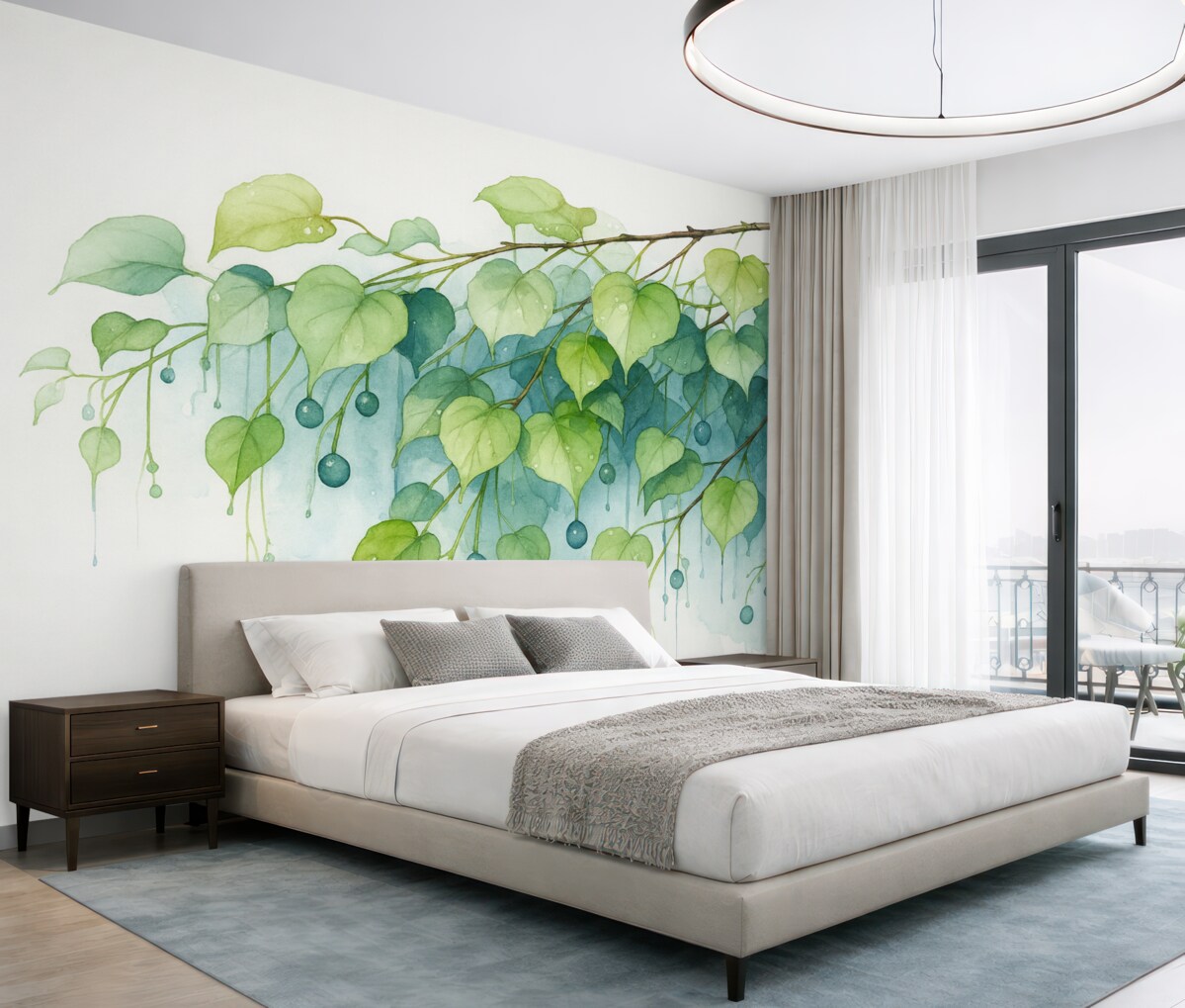 Fototapeta Gałązka z liśćmi wilgotna akwarela.