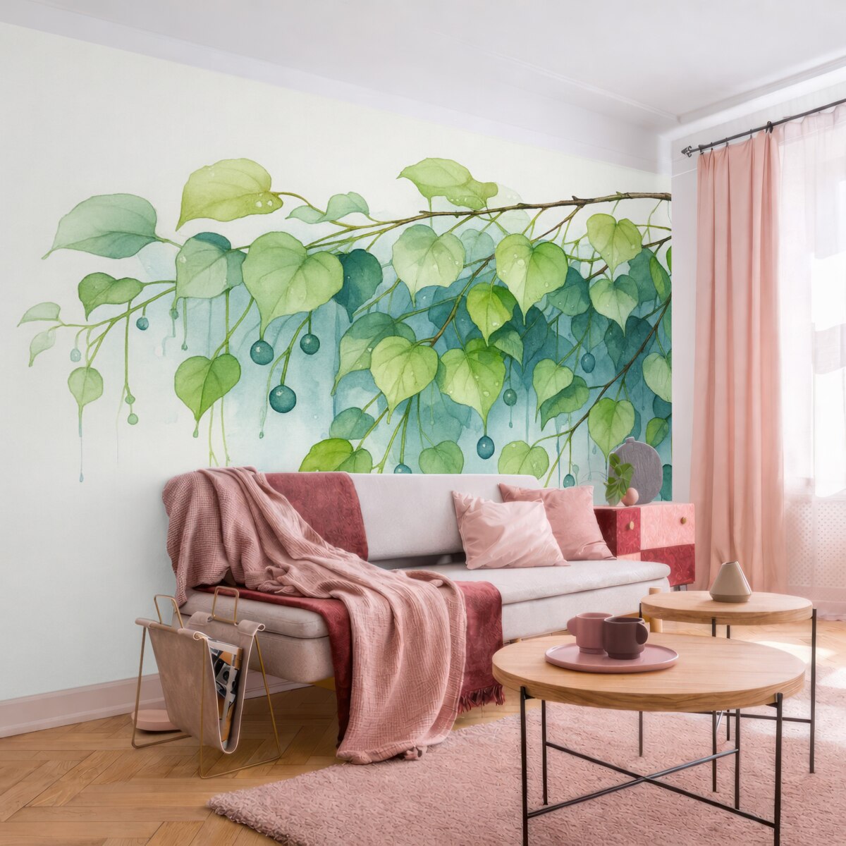 Fototapeta Gałązka z liśćmi wilgotna akwarela.