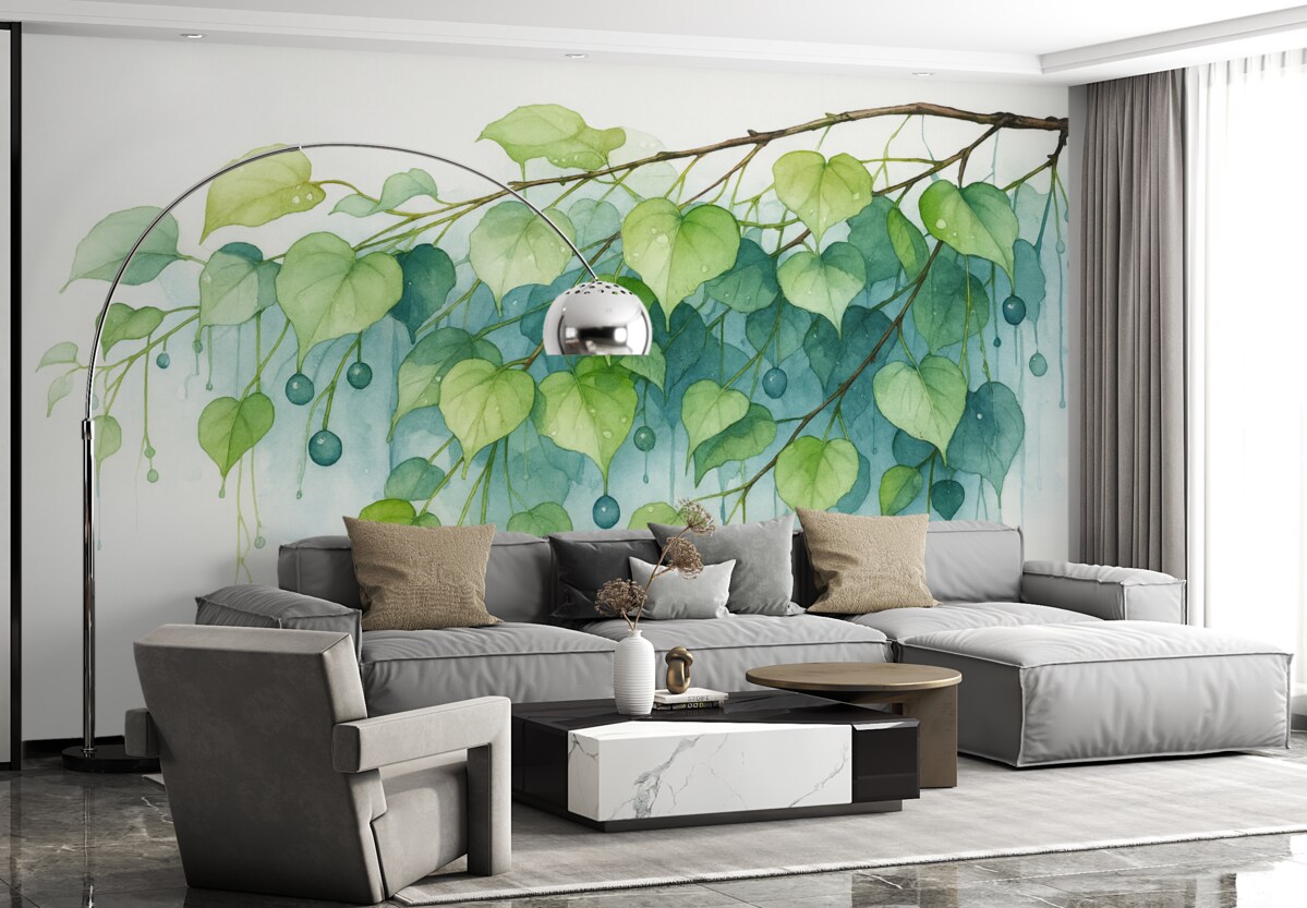 Fototapeta Gałązka z liśćmi wilgotna akwarela.