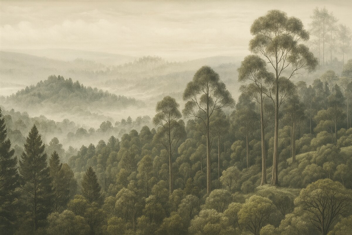 Fototapeta Gęsty las i mglistej dolina.