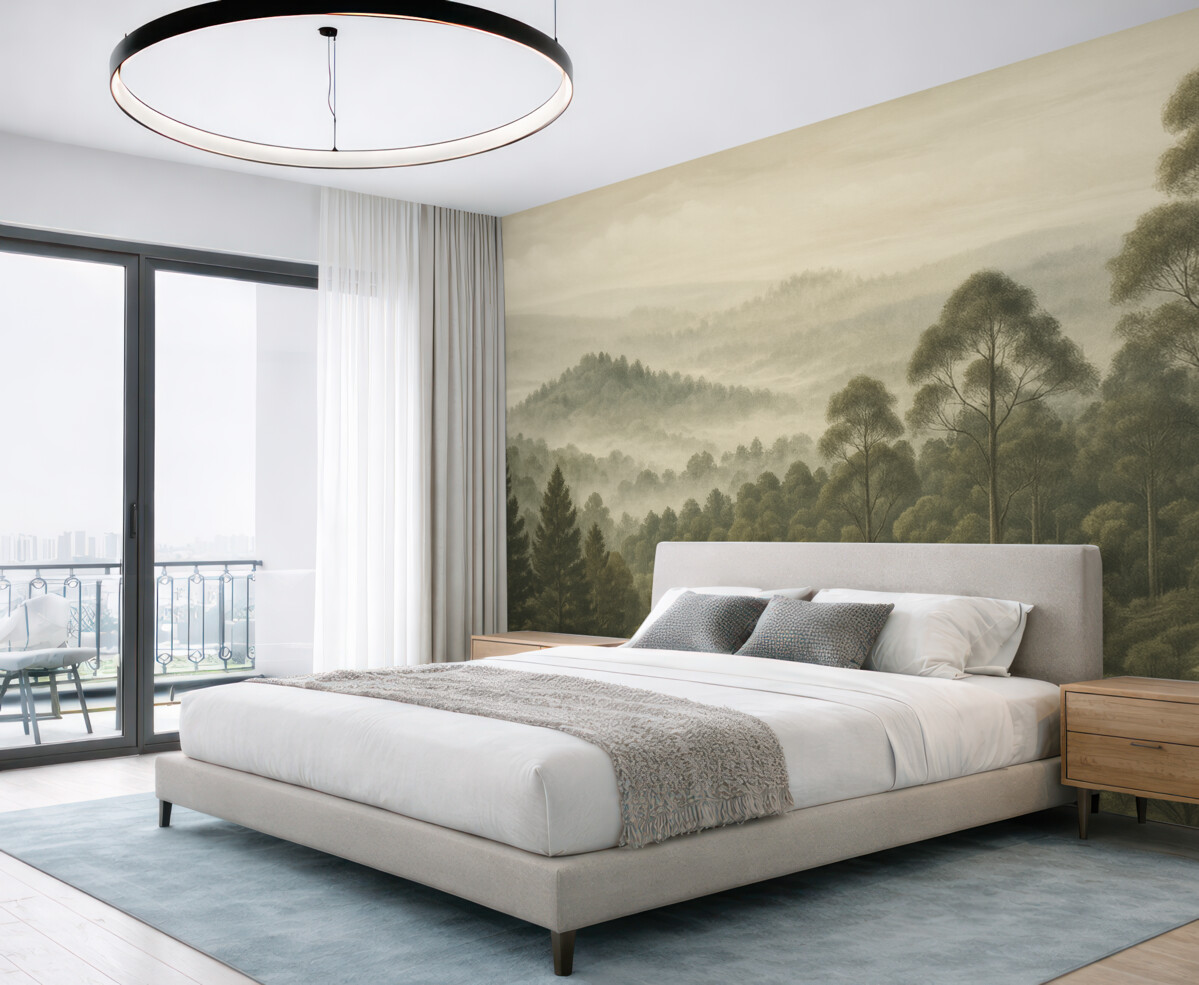 Fototapeta Gęsty las i mglistej dolina.