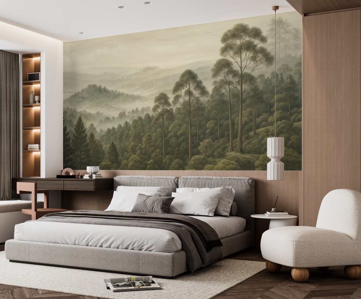 Fototapeta Gęsty las i mglistej dolina.