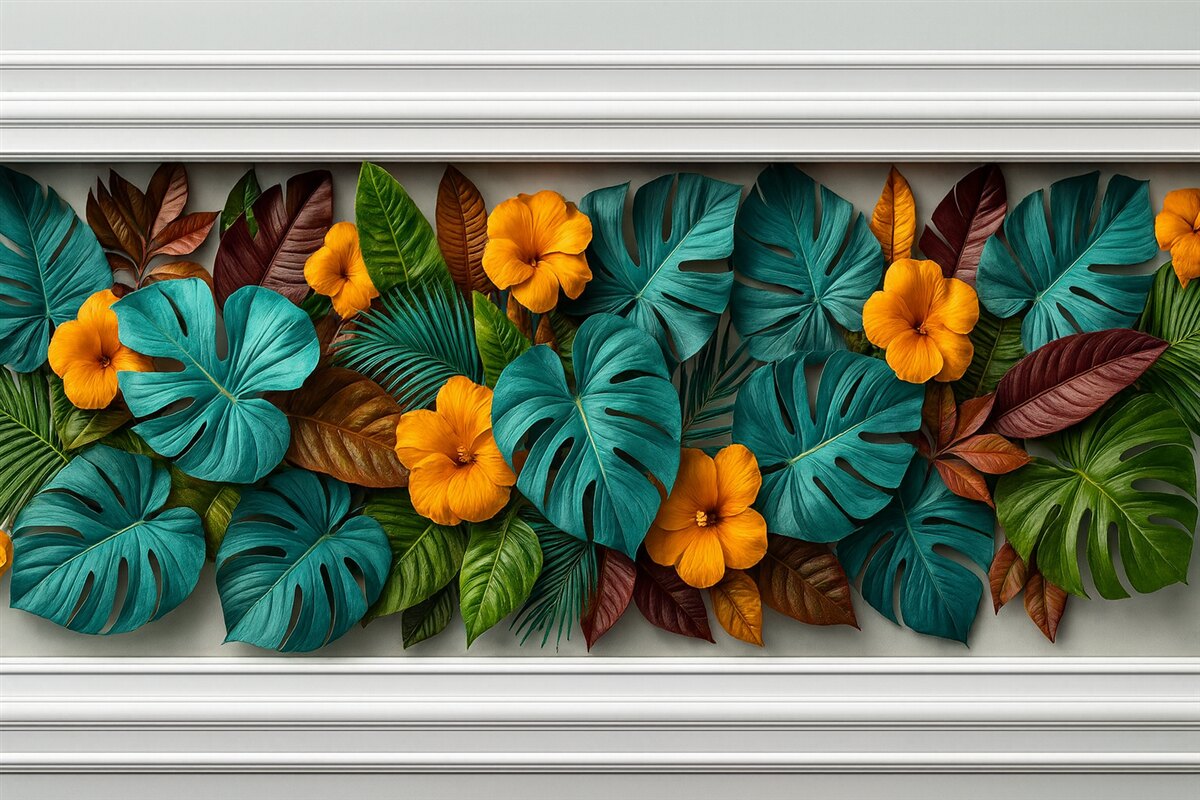 Fototapeta Tapeta 3D z barwnymi tropikalnymi liśćmi i geometrycznymi wzorami na szarym tle.