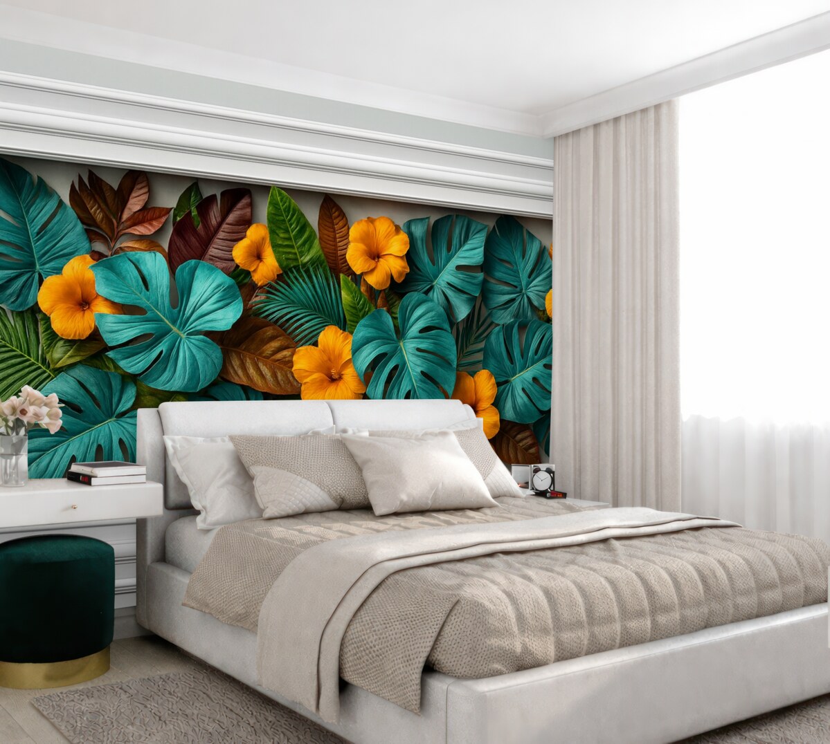 Fototapeta Tapeta 3D z barwnymi tropikalnymi liśćmi i geometrycznymi wzorami na szarym tle.