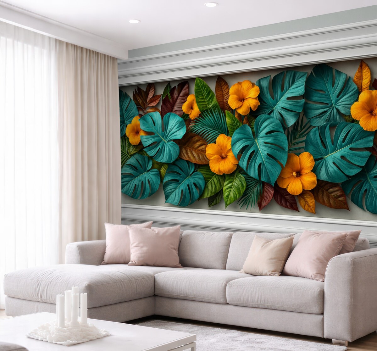 Fototapeta Tapeta 3D z barwnymi tropikalnymi liśćmi i geometrycznymi wzorami na szarym tle.