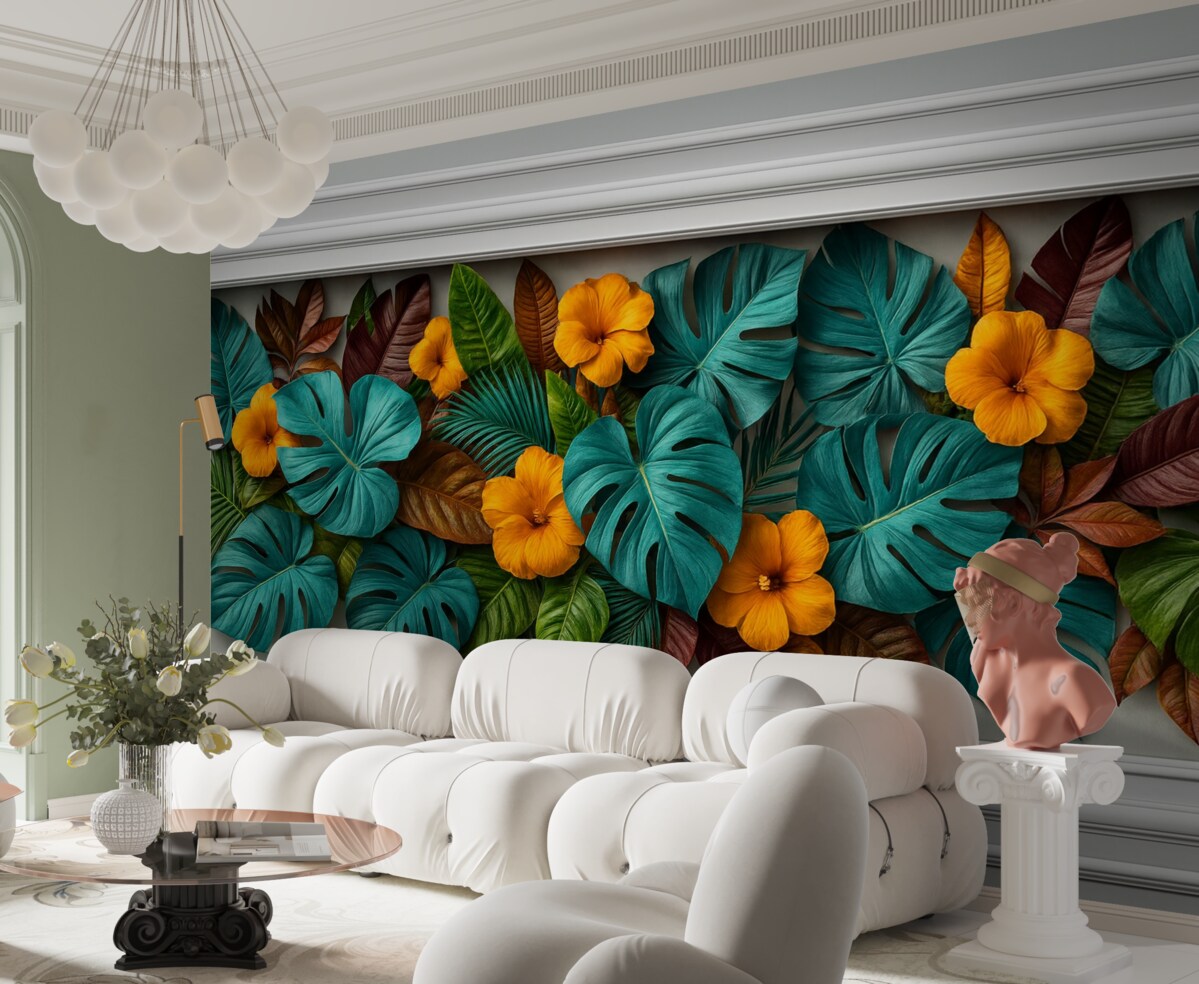 Fototapeta Tapeta 3D z barwnymi tropikalnymi liśćmi i geometrycznymi wzorami na szarym tle.