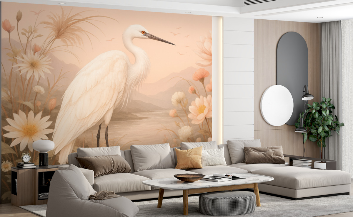 Fototapeta Cudowny biały ptak wśród kwiatów, piwonie, staw, subtelne różowe odcienie.