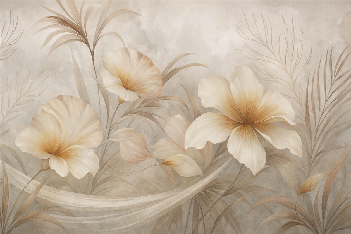 Fototapeta Jasnobeżowe kwiaty na tle abstrakcyjnym.
