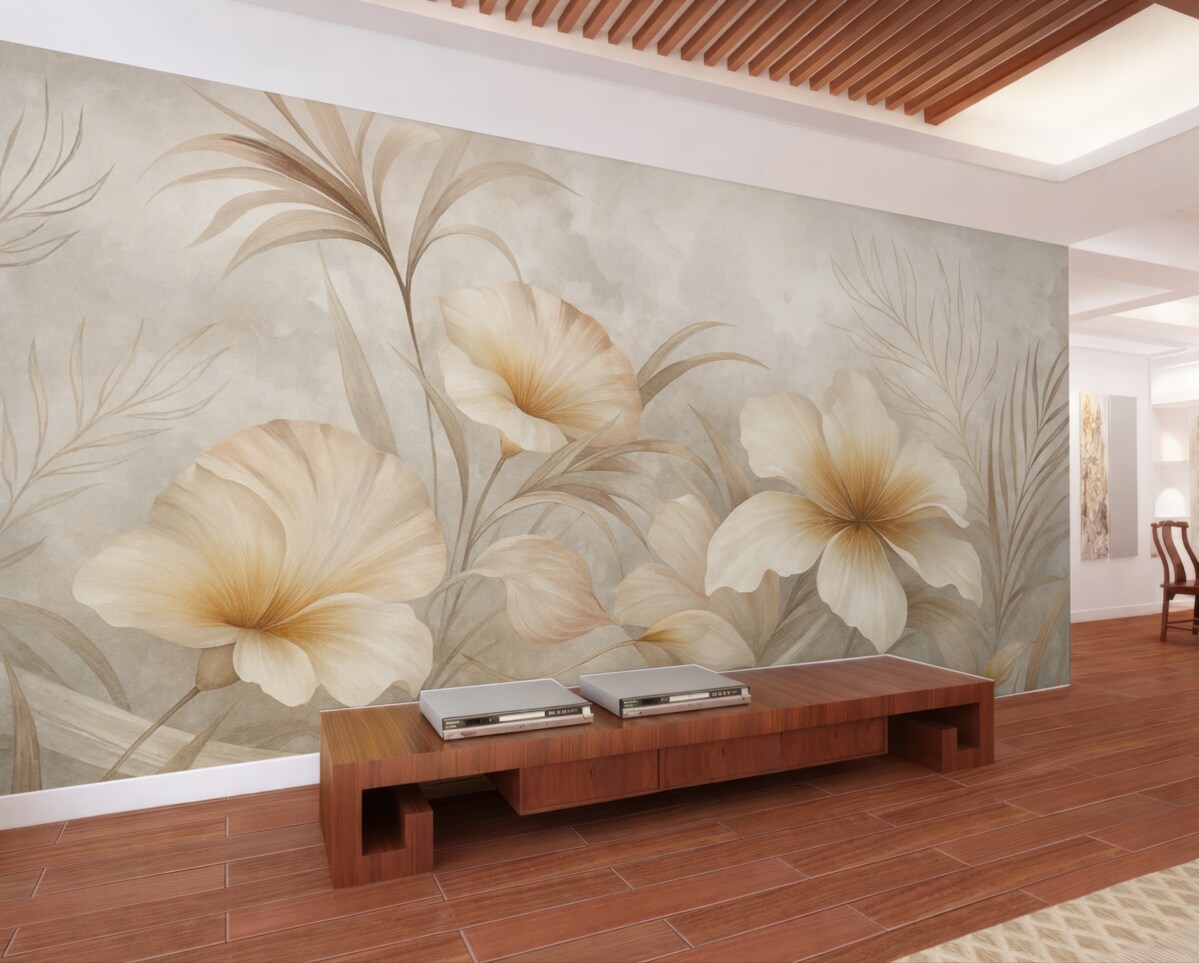 Fototapeta Jasnobeżowe kwiaty na tle abstrakcyjnym.