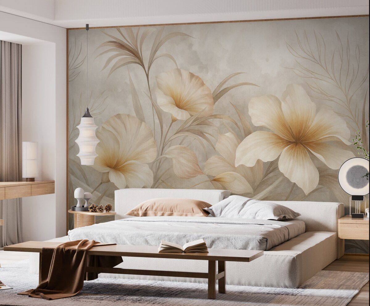 Fototapeta Jasnobeżowe kwiaty na tle abstrakcyjnym.