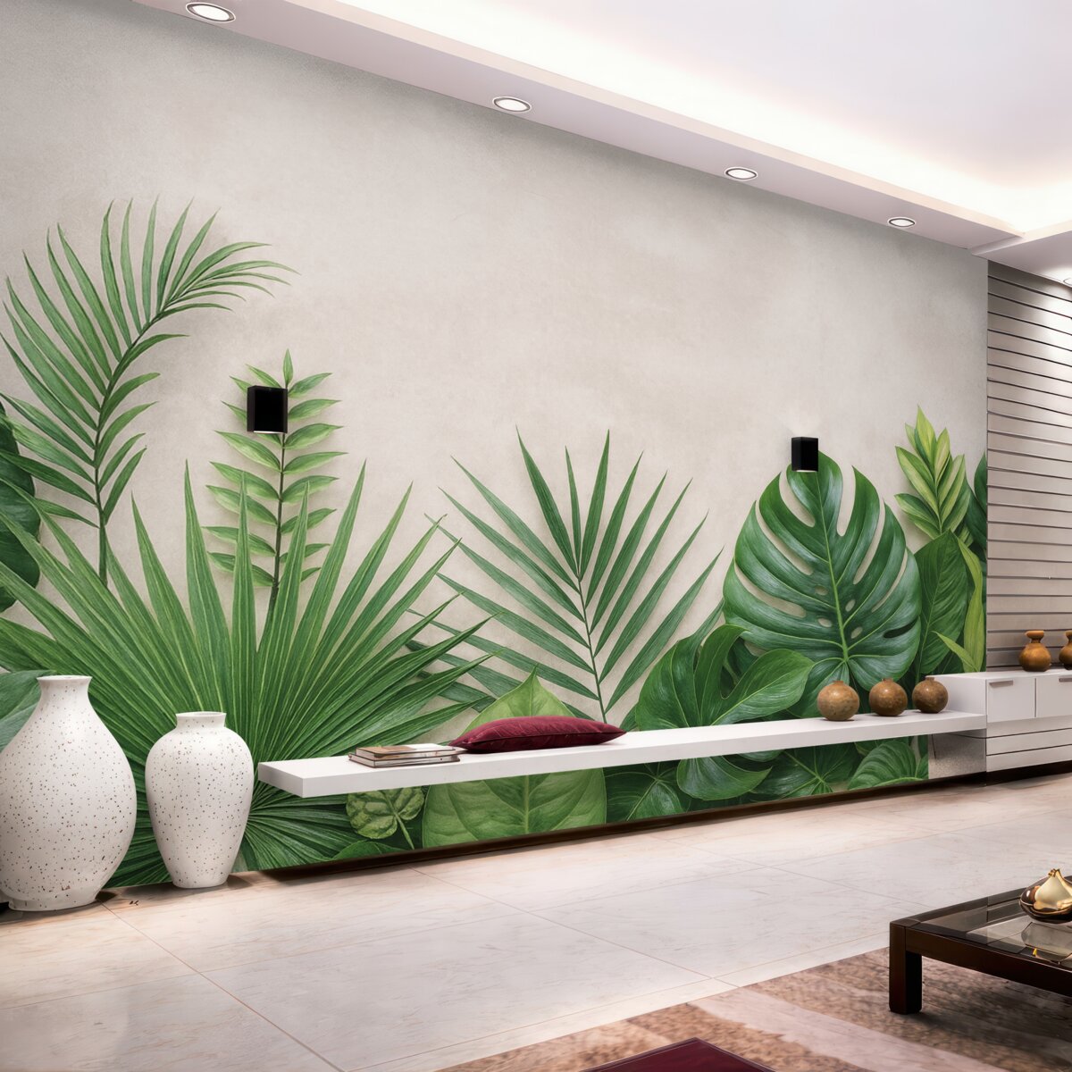 Fototapeta Tropikalne krzewy na jasnej betonowej powierzchni.