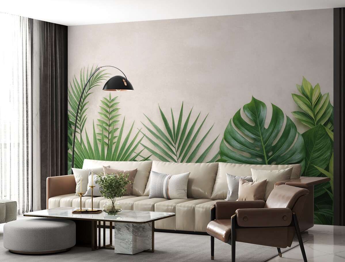 Fototapeta Tropikalne krzewy na jasnej betonowej powierzchni.