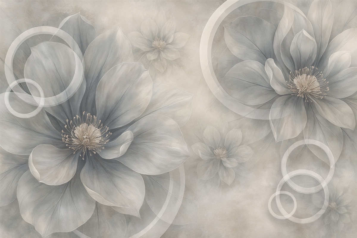 Fototapeta Wielkie, subtelne kwiaty oraz okręgi.