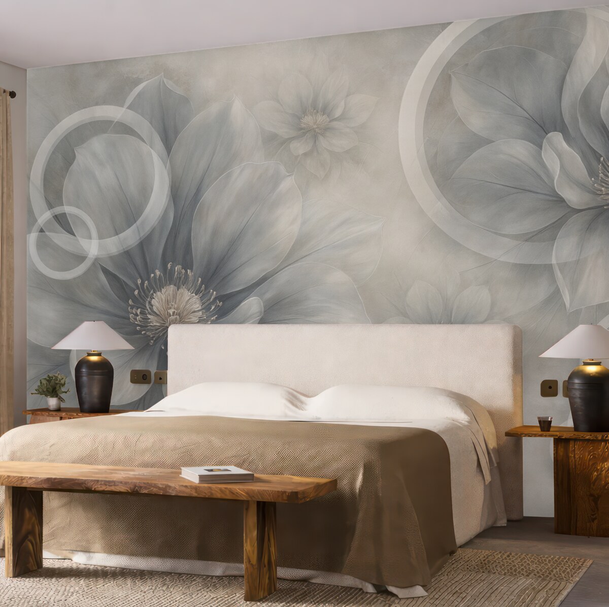 Fototapeta Wielkie, subtelne kwiaty oraz okręgi.