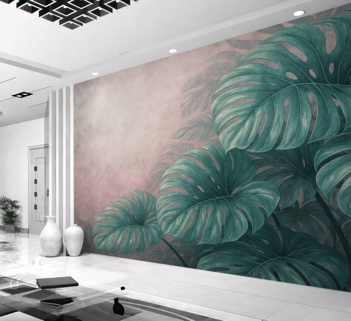 Fototapeta Wielkie liście monstery na subtelnym różowym tle.