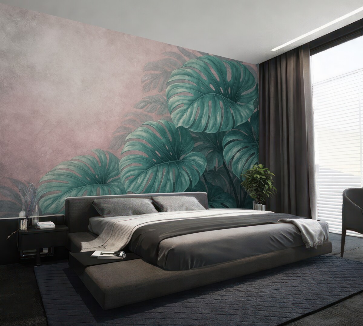 Fototapeta Wielkie liście monstery na subtelnym różowym tle.