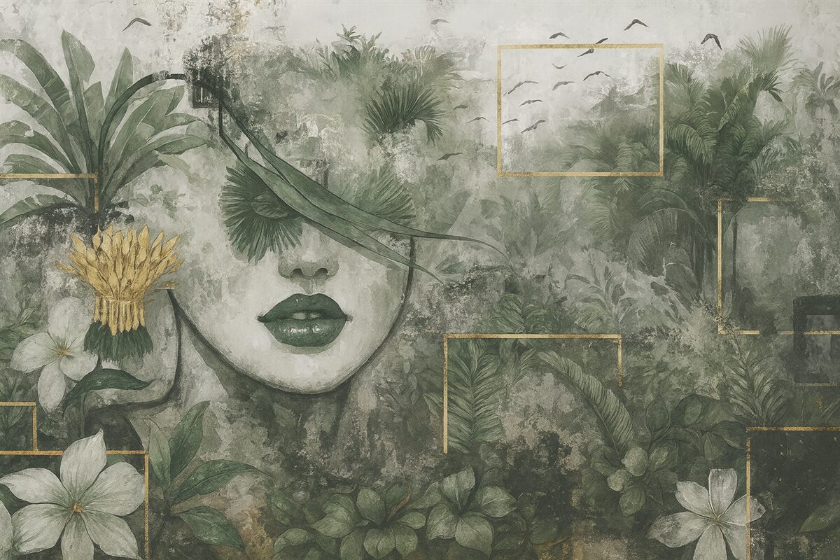 Fototapeta Grunge lasu deszczowego oraz kontur twarzy dziewczyny.