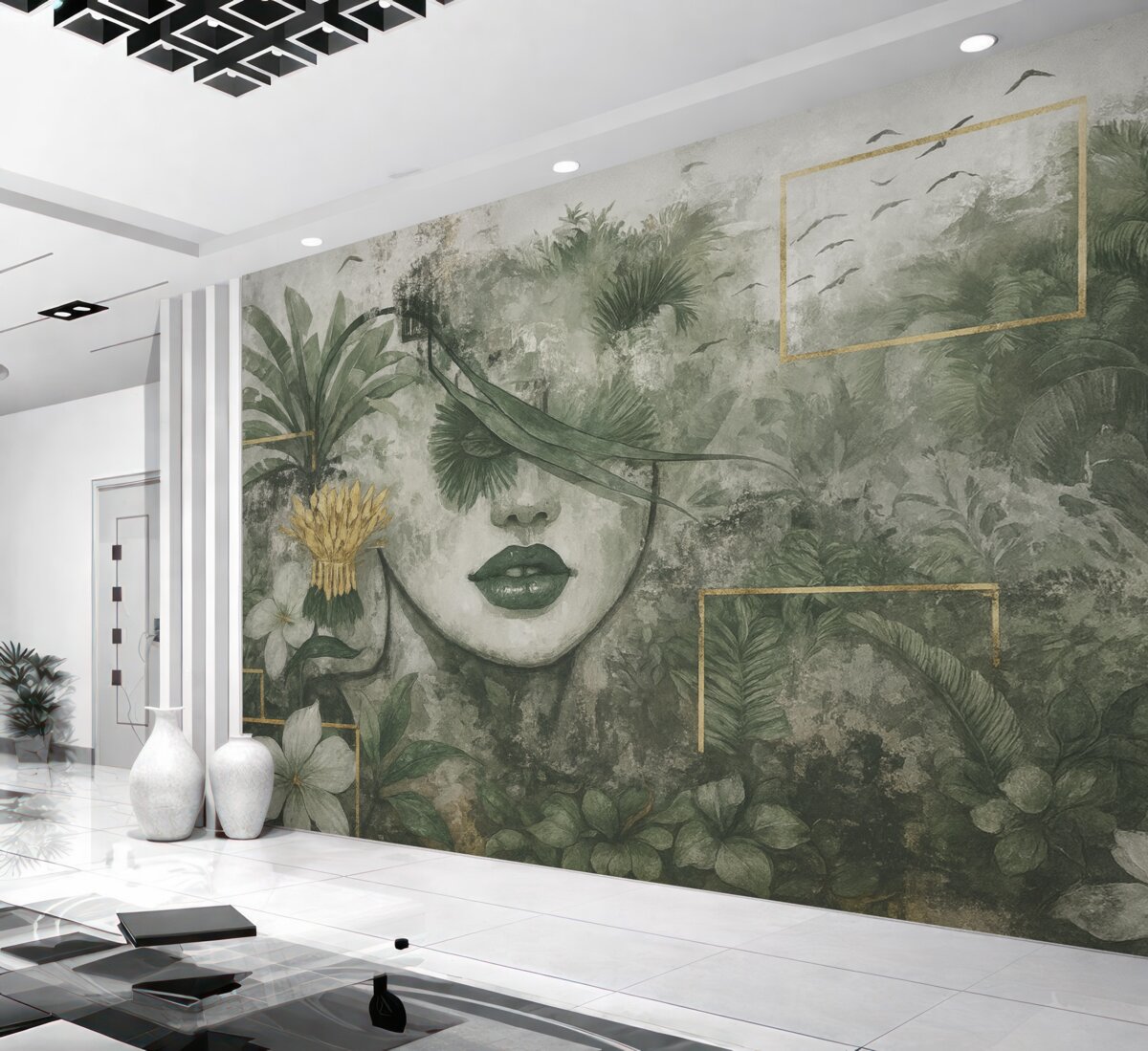 Fototapeta Grunge lasu deszczowego oraz kontur twarzy dziewczyny.