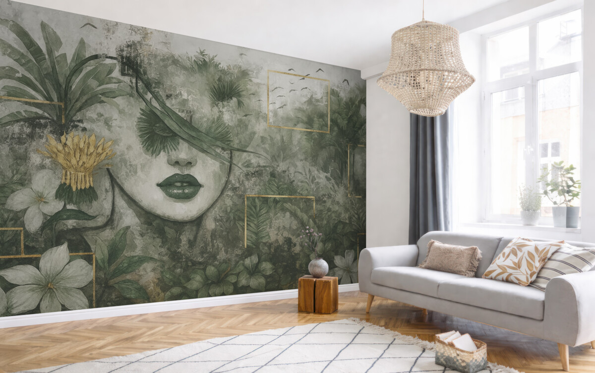 Fototapeta Grunge lasu deszczowego oraz kontur twarzy dziewczyny.