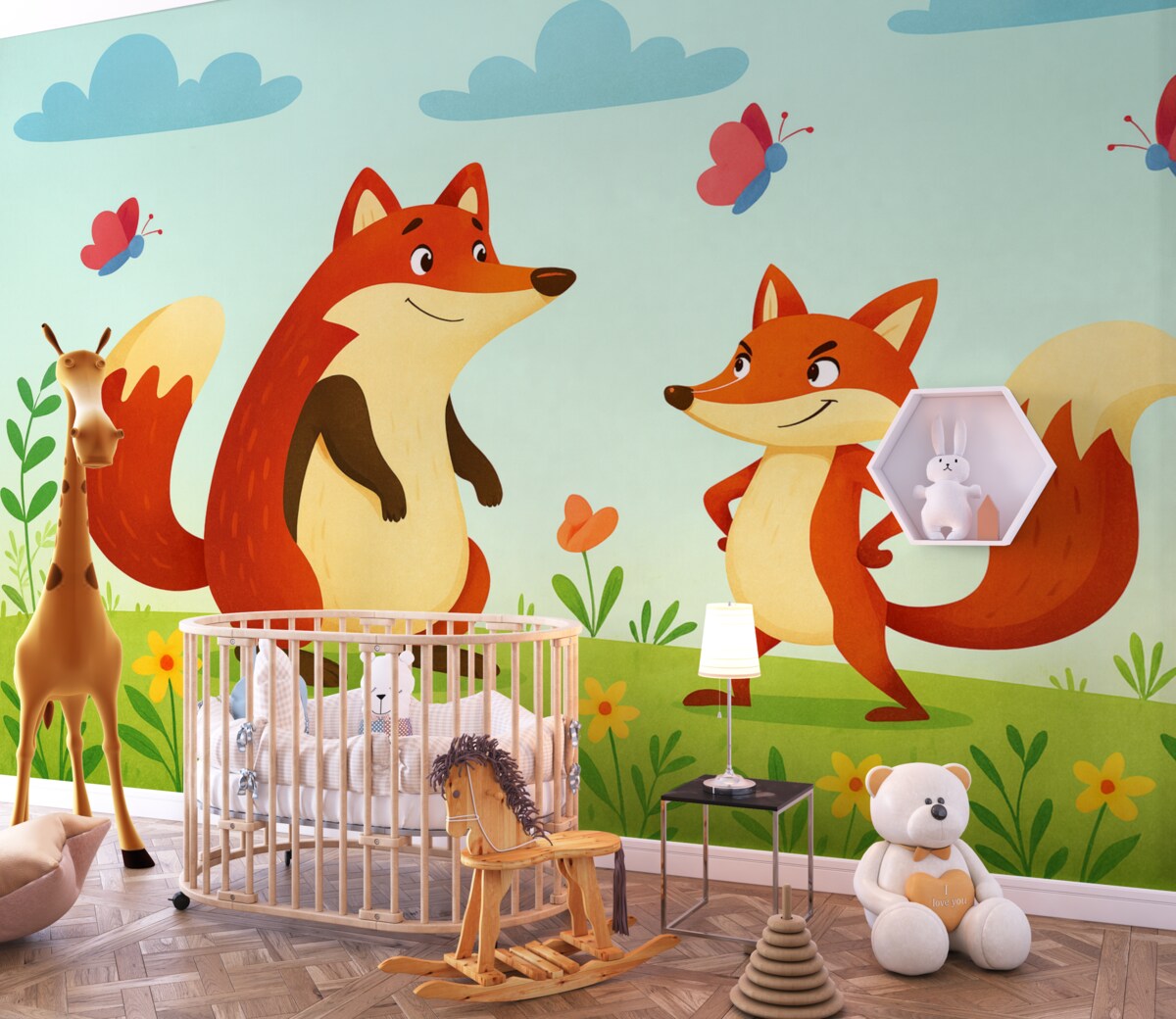 Fototapeta Lisy na błękitnym tle i dzikie rośliny.