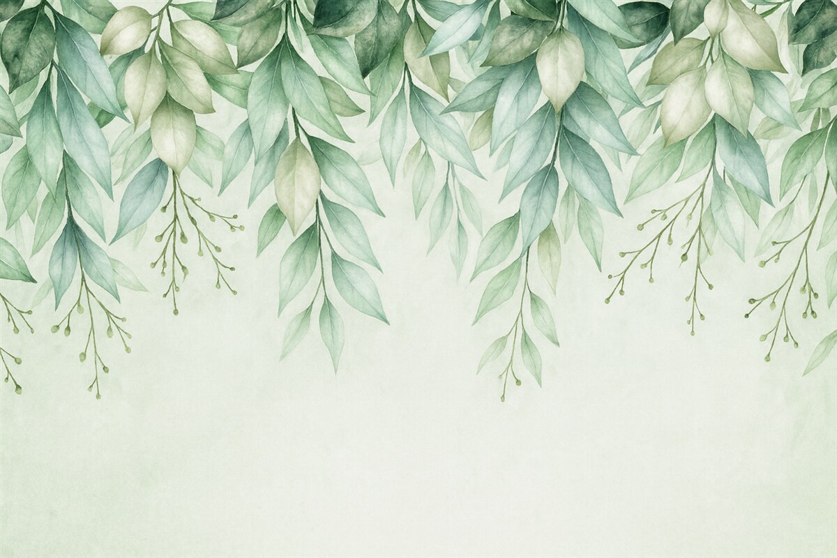 Fototapeta Zielone liście oraz gałązki opadające z góry.