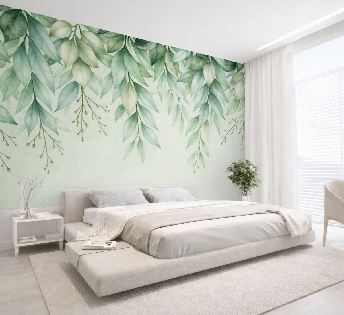 Fototapeta Zielone liście oraz gałązki opadające z góry.