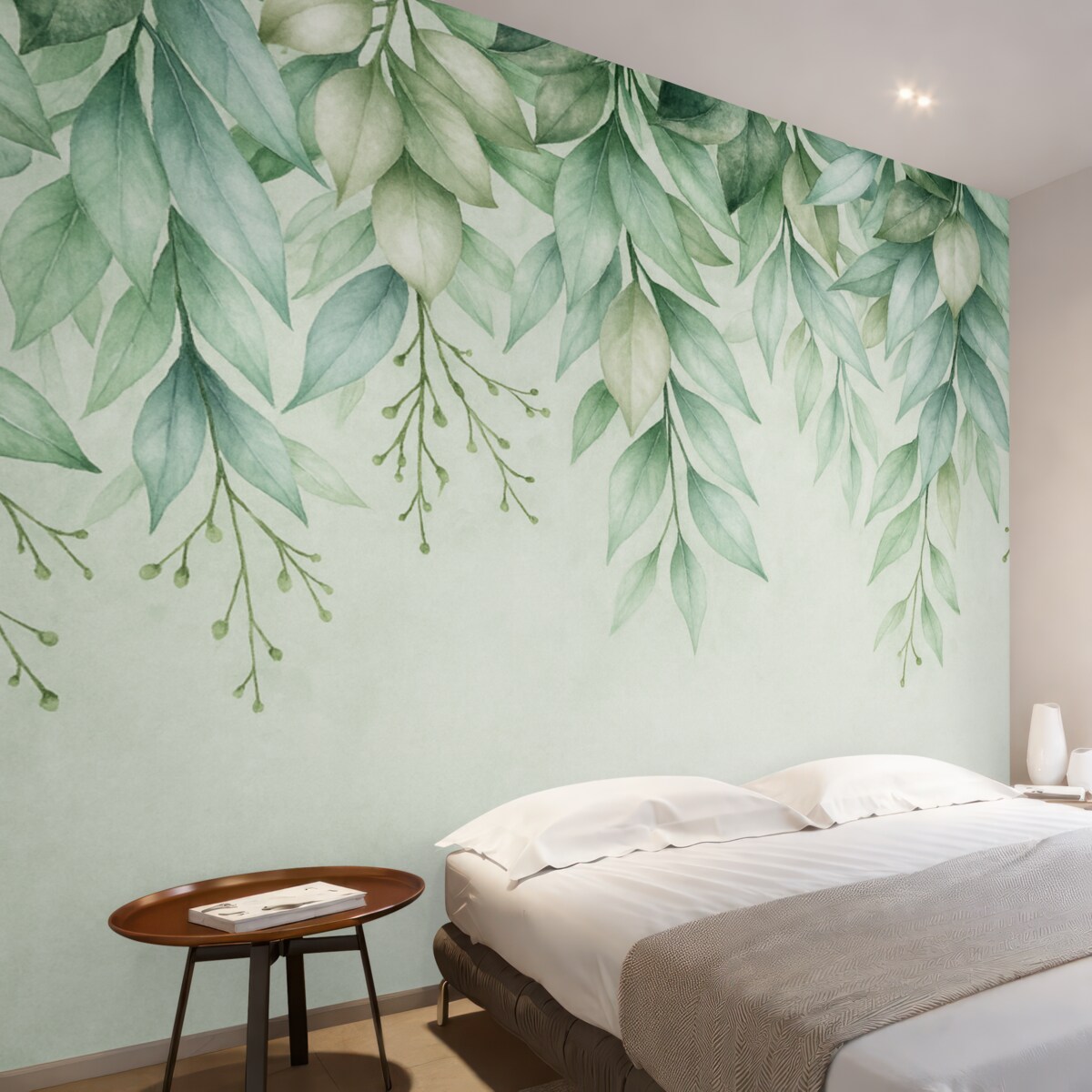 Fototapeta Zielone liście oraz gałązki opadające z góry.