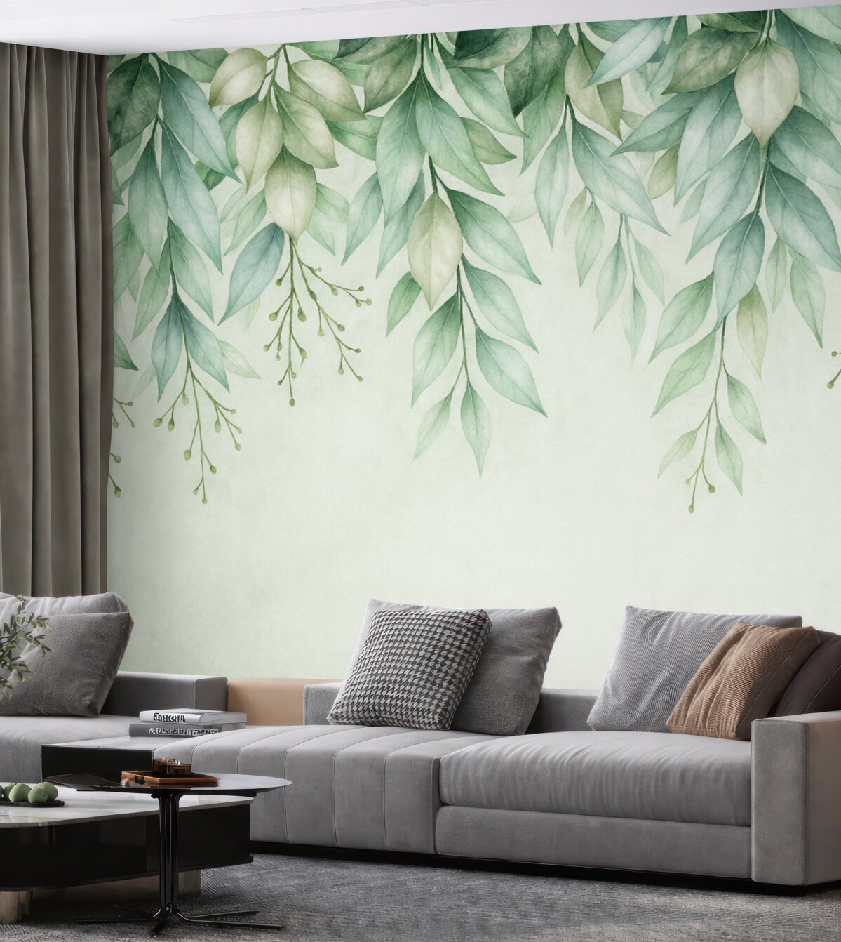 Fototapeta Zielone liście oraz gałązki opadające z góry.