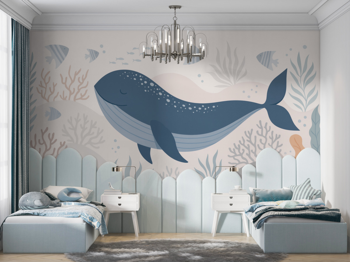 Fototapeta Ogromny wieloryb w morskiej rzeczywistości wśród roślinności.