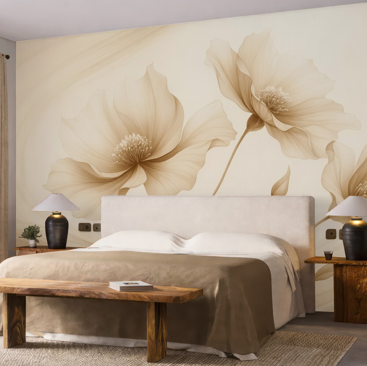 Fototapeta Trzy urokliwe kwiaty z półprzezroczystymi płatkami, splecione wstęgami światła i wiatru w tonacjach beżu.