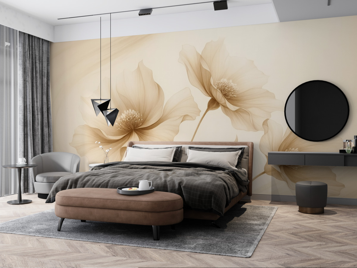 Fototapeta Trzy urokliwe kwiaty z półprzezroczystymi płatkami, splecione wstęgami światła i wiatru w tonacjach beżu.