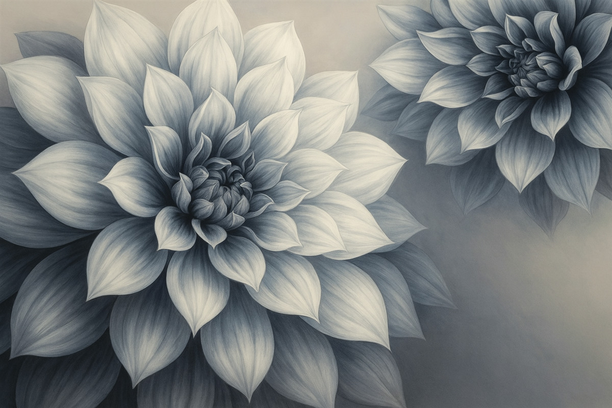 Fototapeta Rozległe kwiaty z licznymi płatkami, przedstawione w skalach szarości i niebieskich tonów.