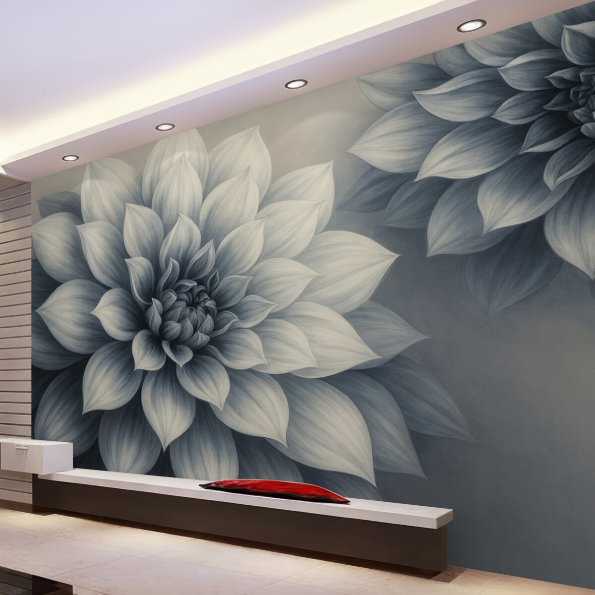 Fototapeta Rozległe kwiaty z licznymi płatkami, przedstawione w skalach szarości i niebieskich tonów.