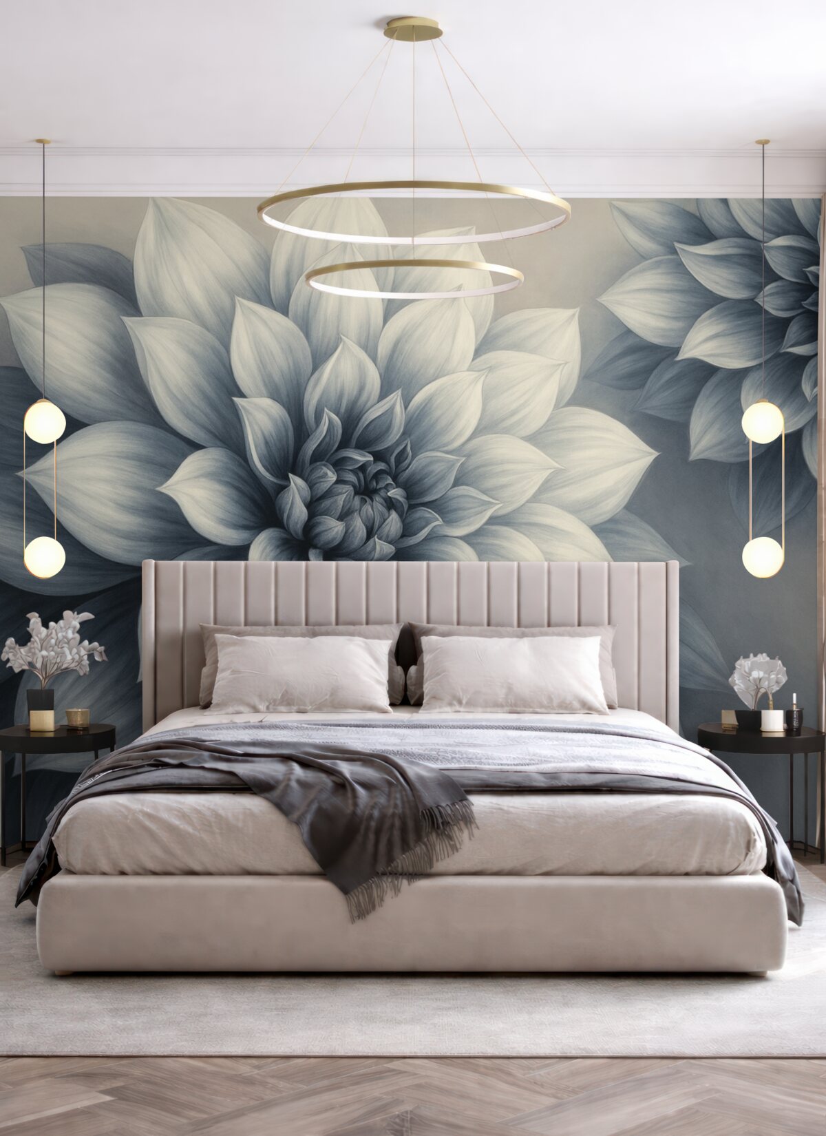 Fototapeta Rozległe kwiaty z licznymi płatkami, przedstawione w skalach szarości i niebieskich tonów.