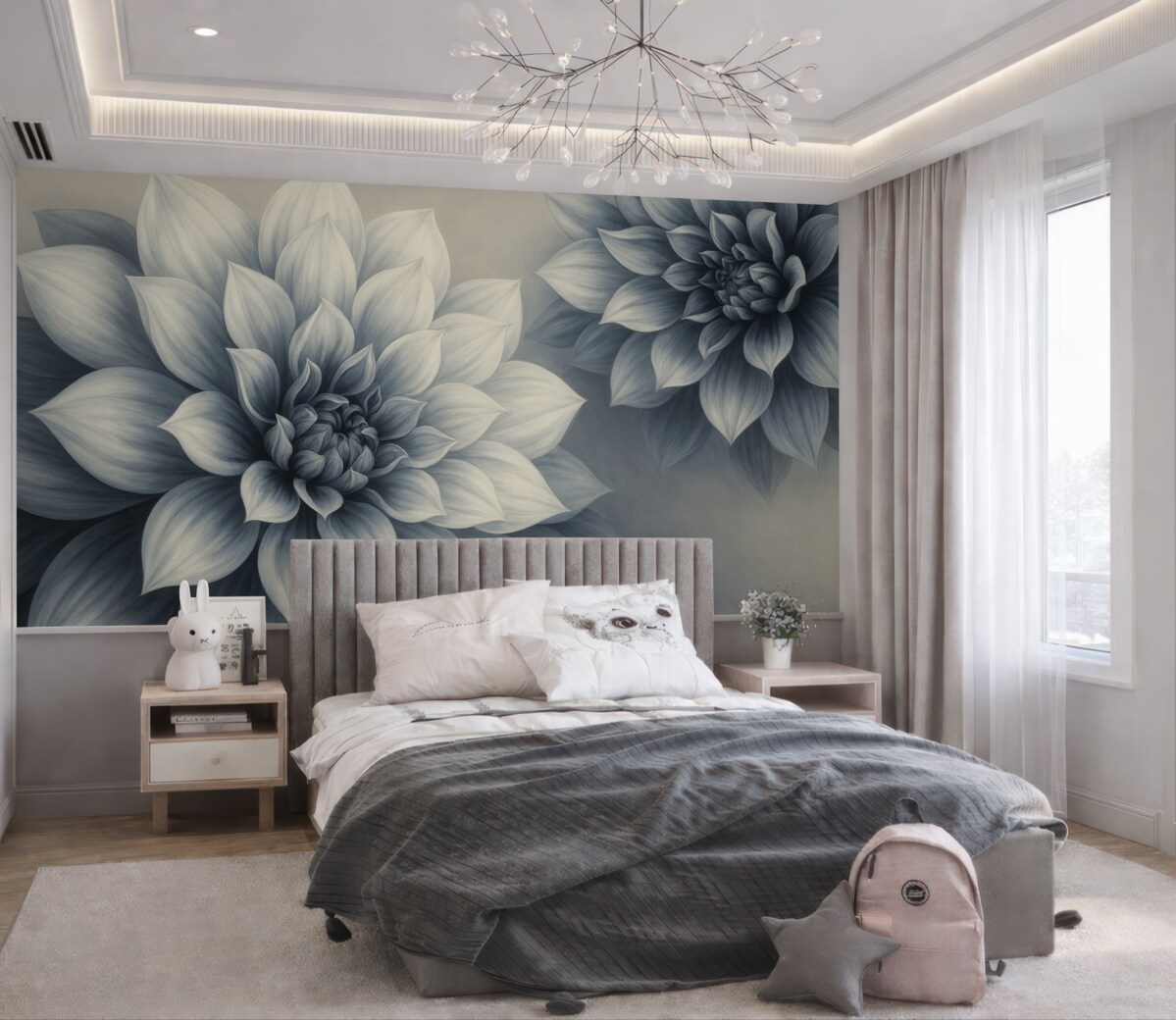 Fototapeta Rozległe kwiaty z licznymi płatkami, przedstawione w skalach szarości i niebieskich tonów.