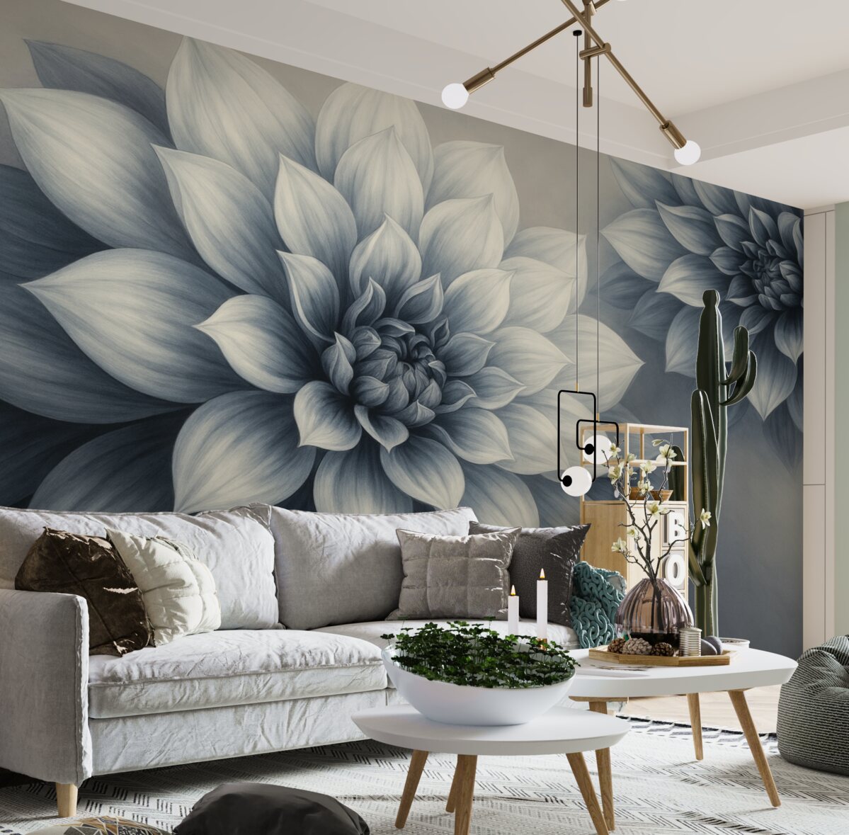 Fototapeta Rozległe kwiaty z licznymi płatkami, przedstawione w skalach szarości i niebieskich tonów.
