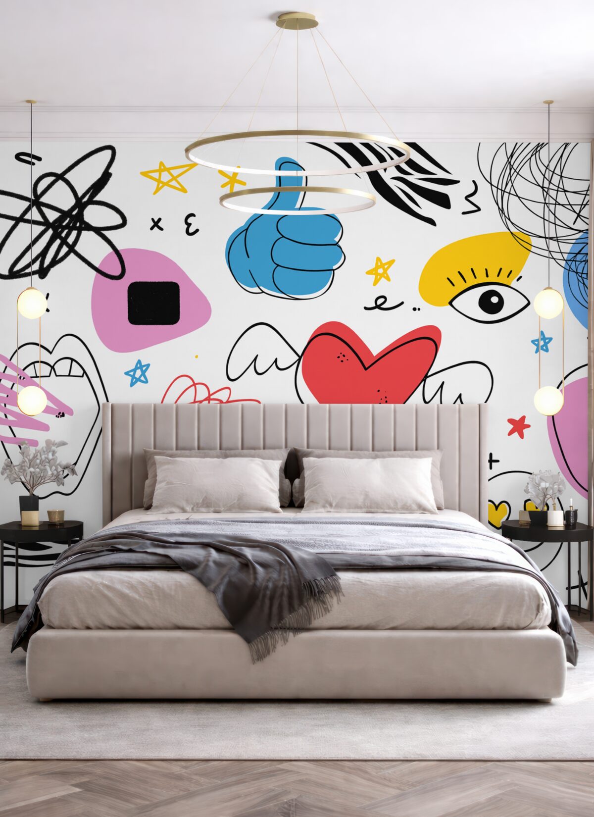 Fototapeta Znakami i symbolami taktycznymi są rysunki, zamieszanie, linie oraz kolory: niebieski, żółty, czerwony i różowy.