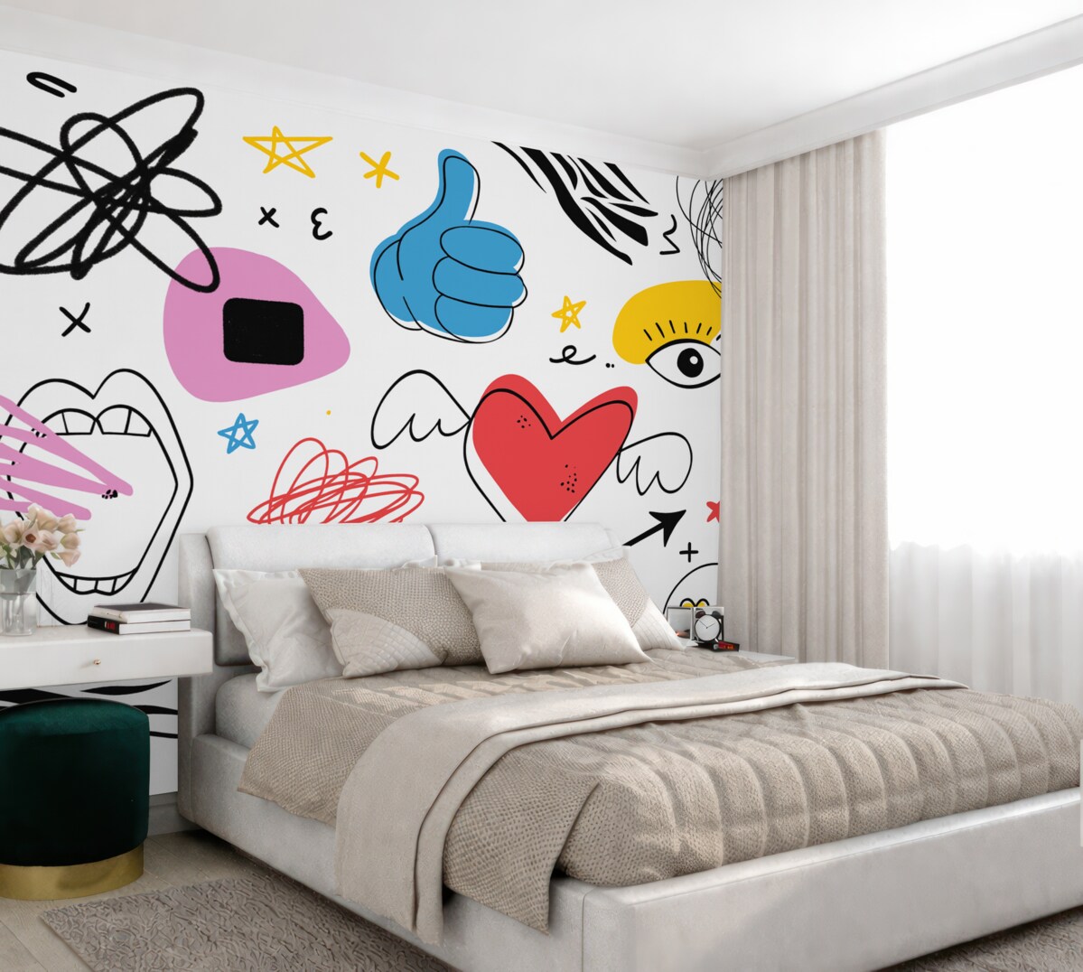 Fototapeta Znakami i symbolami taktycznymi są rysunki, zamieszanie, linie oraz kolory: niebieski, żółty, czerwony i różowy.